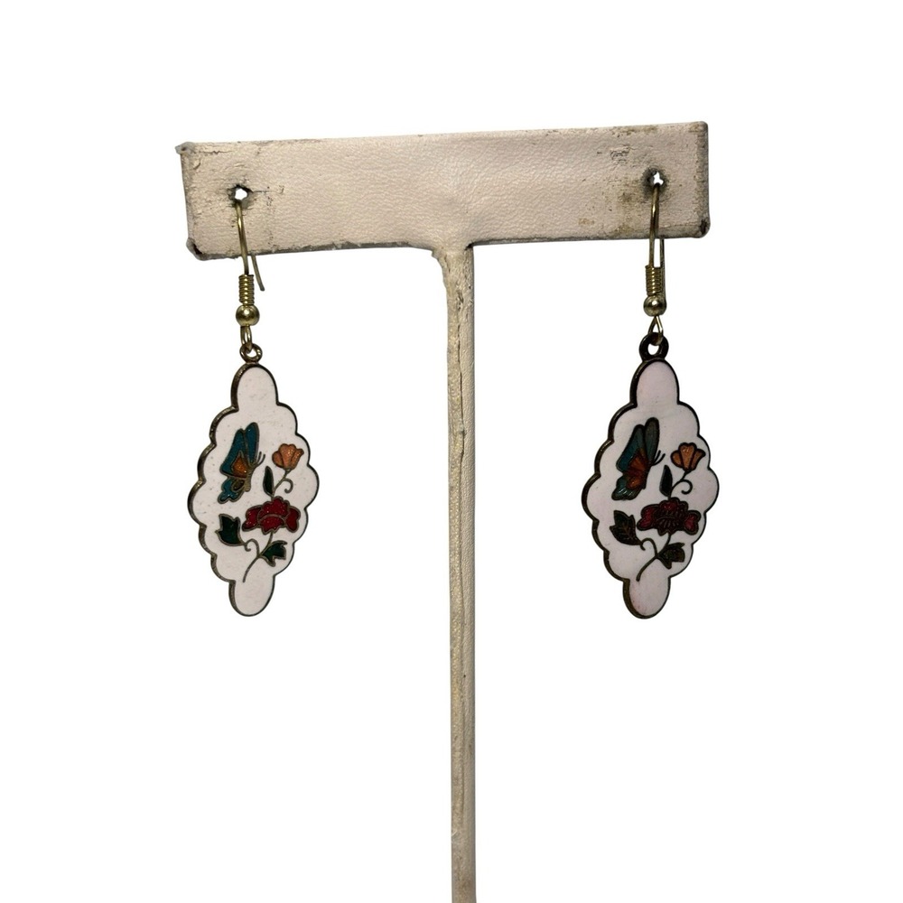 Vintage Gold Tone Cloisonne Enamel Butterfly Floral Pierced Dangle Earrings